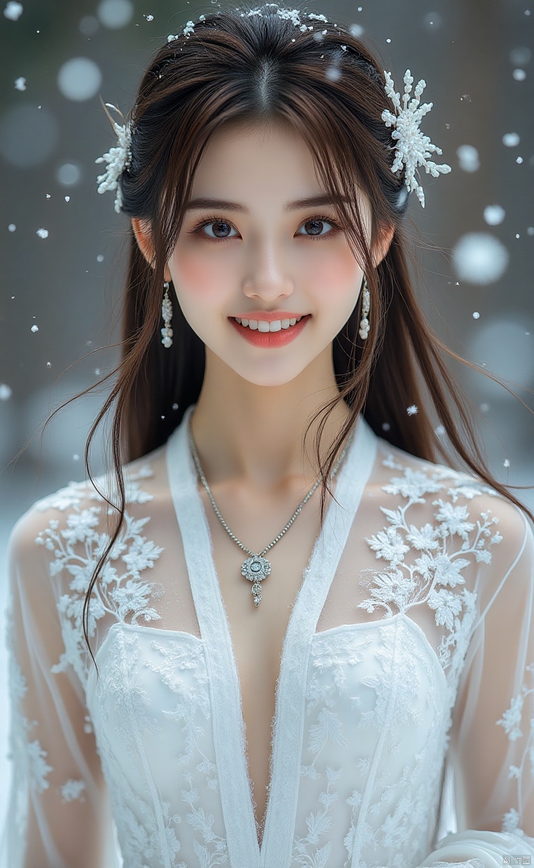 snow,Softly falling snowflakes dance in the blurred background, framing a serene portrait of Luoxue. A close-up shot captures her delicate features: long dark brown hair cascading down her back, a gentle smile playing on her lips, and piercing blue eyes sparkling with warmth. She wears a pristine white dress adorned with intricate embroidery on the shoulders, complemented by a silver necklace and earrings that catch the subtle light. Her left hand rests on her hip, exuding confidence and poise as she stands amidst the winter wonderland