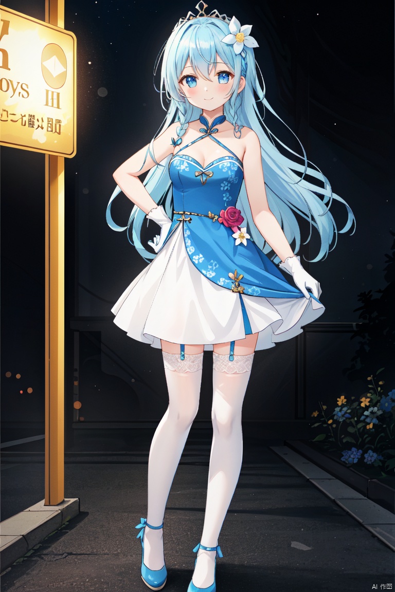 blue hair,1girl, solo, long hair, breasts, looking at viewer, blush, smile, bangs, blue eyes, hair ornament, thighhighs, gloves, dress, hair between eyes, bare shoulders, very long hair, closed mouth, standing, collarbone, full body, braid, flower, hair flower, white thighhighs, strapless, blue dress, tiara, black background, strapless dress, showgirl skirt1girl,solo,long hair,neon lights,night,game cg,cheongsam,long hair, straight hair,smile,hair tucking,Colcher
