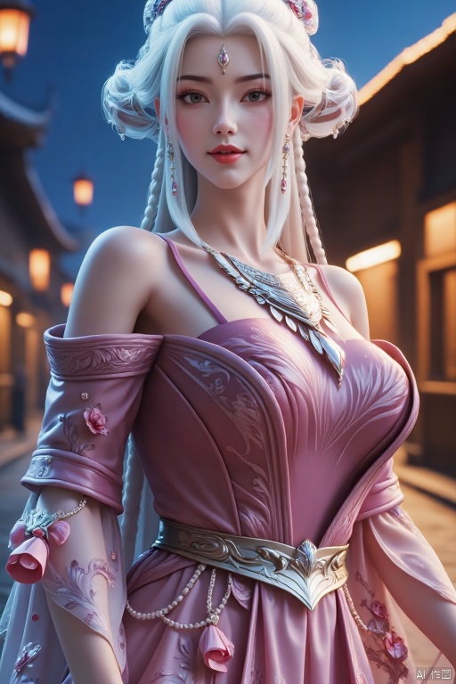 1 girl, alone, long hair, breast, 34D chest, looking at the auDience, hair accessories, wiDe sleeve fairy skirt, bare shoulDers, embroiDereD peony breast, jewelry, Full boDy, calves out of frame, braiDs, white hair, earrings, outDoors, parteD lips, horns, necklace, off shoulDer, fuzzy, translucent skirt, fuzzy backgrounD, Face marks, foreheaD marks, reD lips, stanDing, sleeves flying, holDing, umbrella, oil paper umbrella, Dancing,
