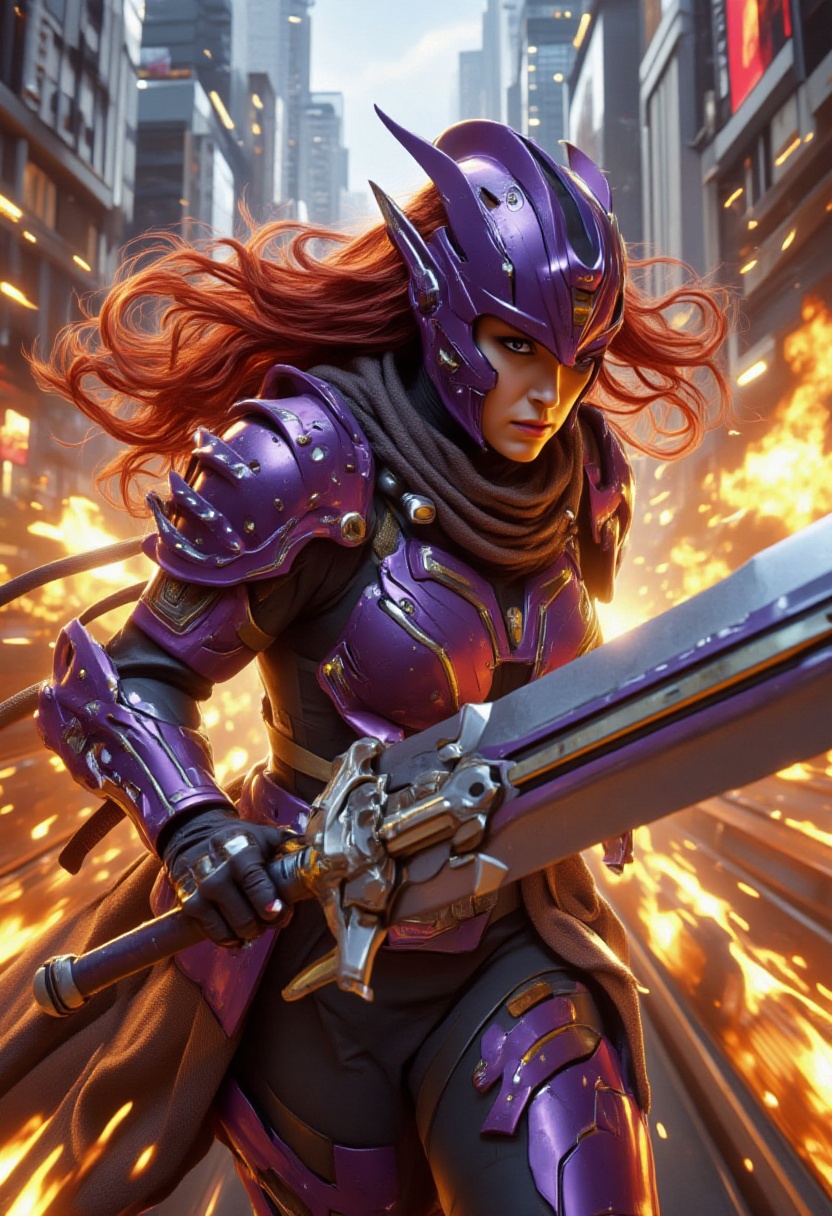 Close-up shot of a warrior woman's determined face,  intricate facial textures magnified as she wears a metallic purple he...