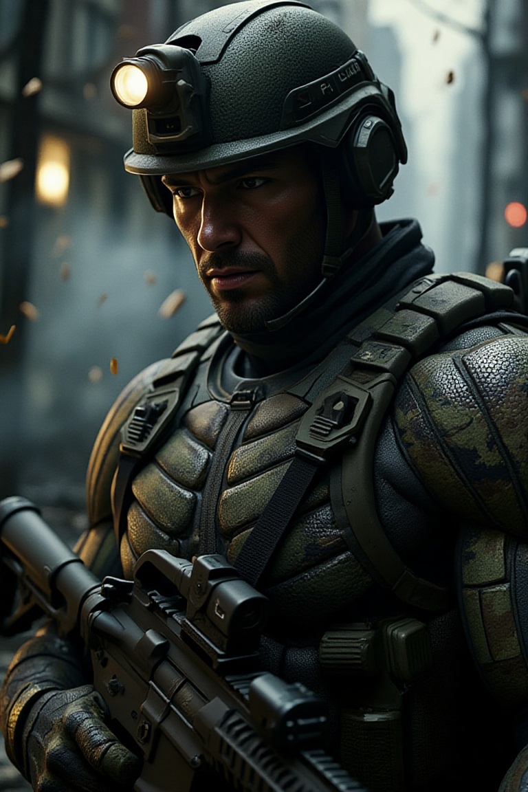 A close-up shot of a soldier's face lit by a flashlight,  wearing mecha armor with camouflage patterns ,  conveys rugged d...