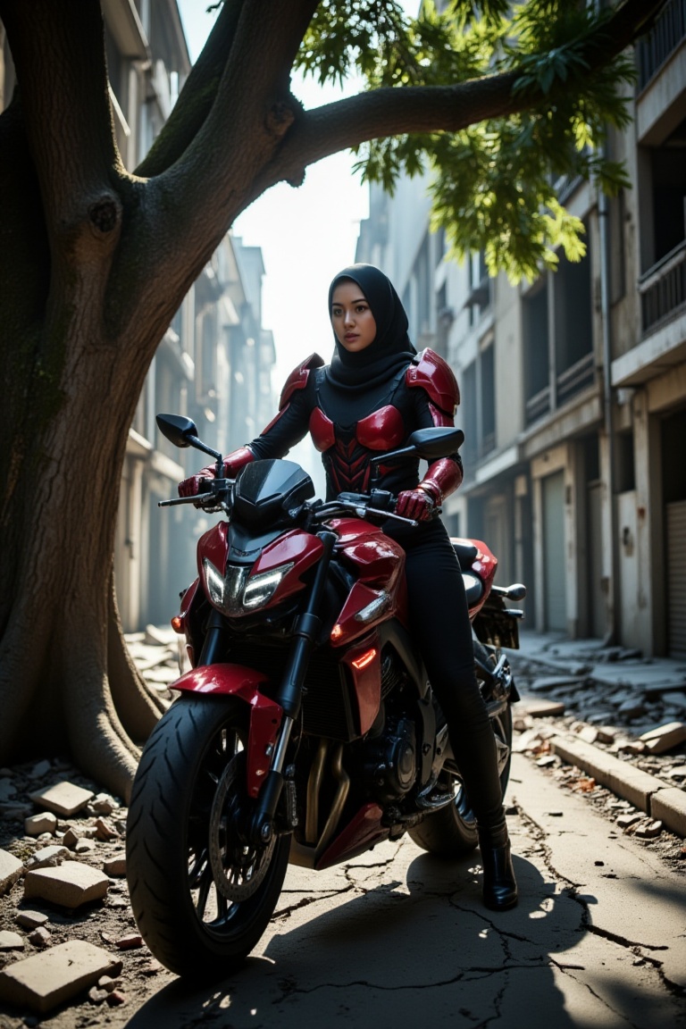 Against a backdrop of urban decay,  a hijab-clad warrior stands poised,  riding on a sleek on Tensor.Art