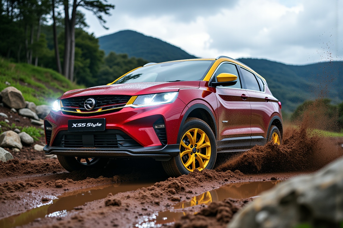 ((Ultra-realistic)) photo of red x50style lit by a flashlight,  cornering and drifting beautifully at a mountain offroad m...