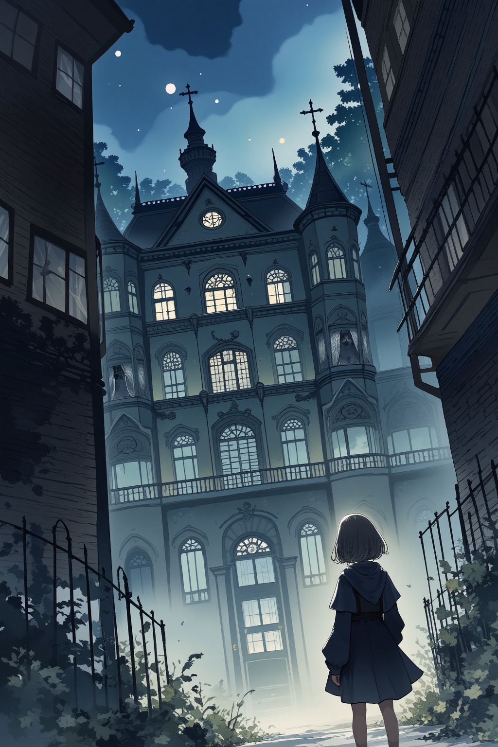 A girl must survive a night in a haunted orphanage,
watercolor,
masterpiece, best quality, aesthetic,