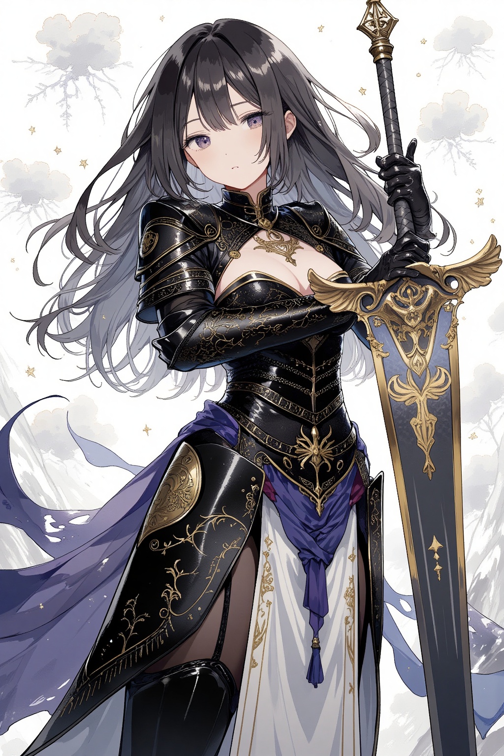 1girl, solo, upper body, knightess, majesty, armored dress, standing, (hands on hilt, planted sword:1.3), masterpiece, best quality, very aesthetic