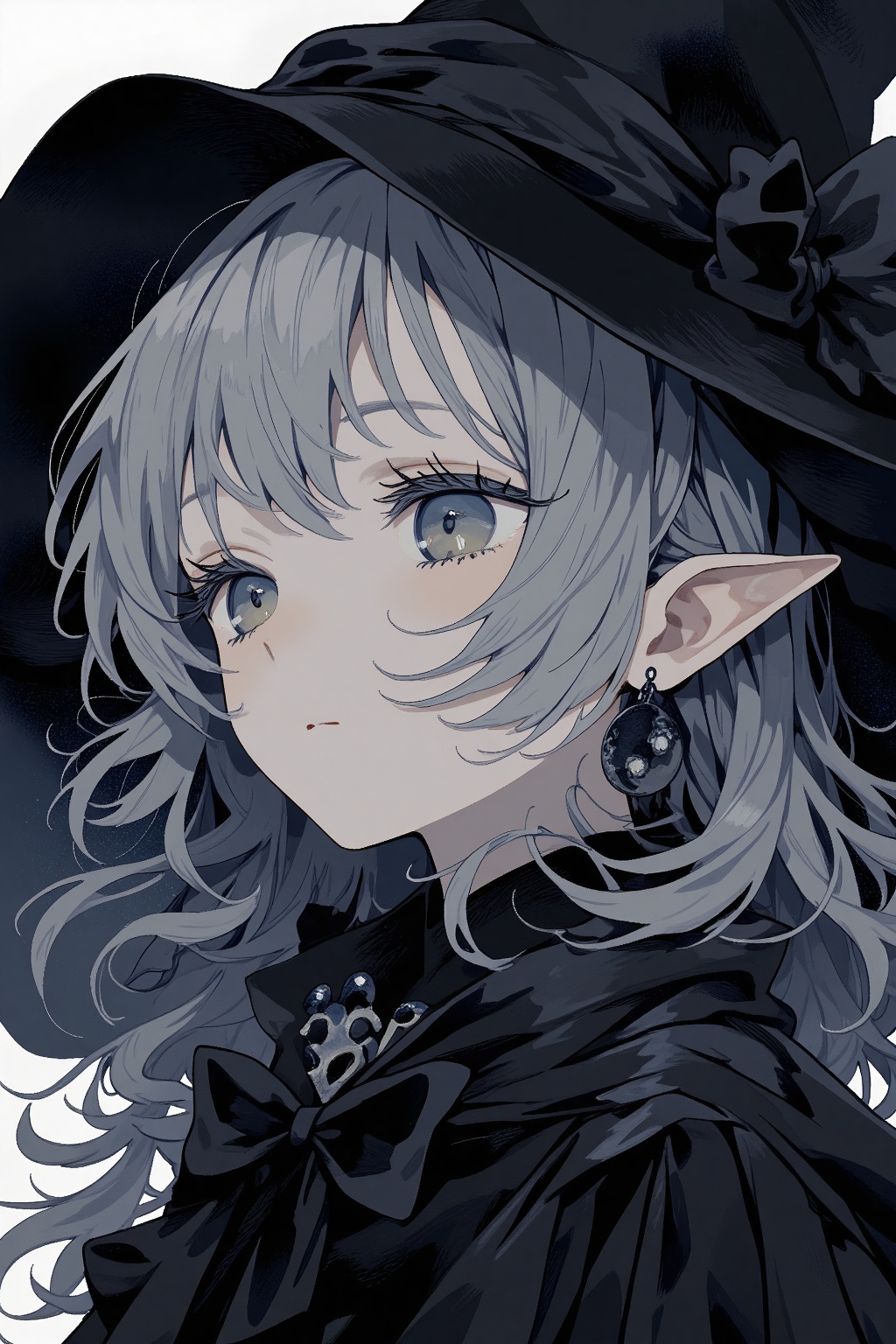 gray hair, black witch clothes, moon earrings, gray eyes, dark circles, sleepy, dream witch, pointy ears, elf, medium hair, veil, looking away, close-up, masterpiece, best quality, aesthetic, 