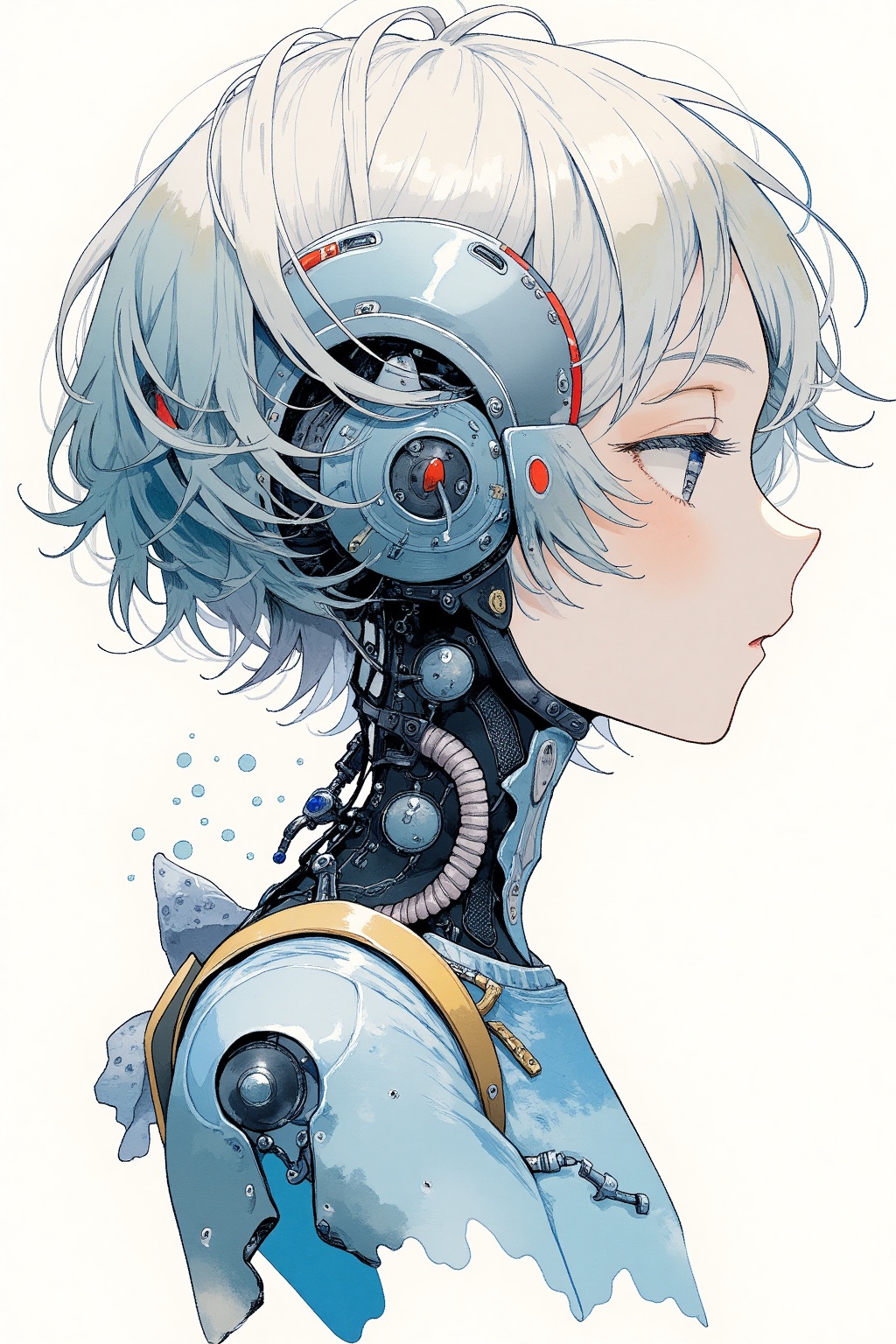 mechanical girl, cyborg, masterpiece, best quality, aesthetic, watercolor,