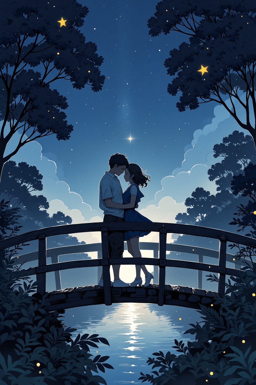 A pair of star-crossed lovers embracing on a bridge under the magical glow of fireflies,
sketch,
masterpiece, best quality, aesthetic,