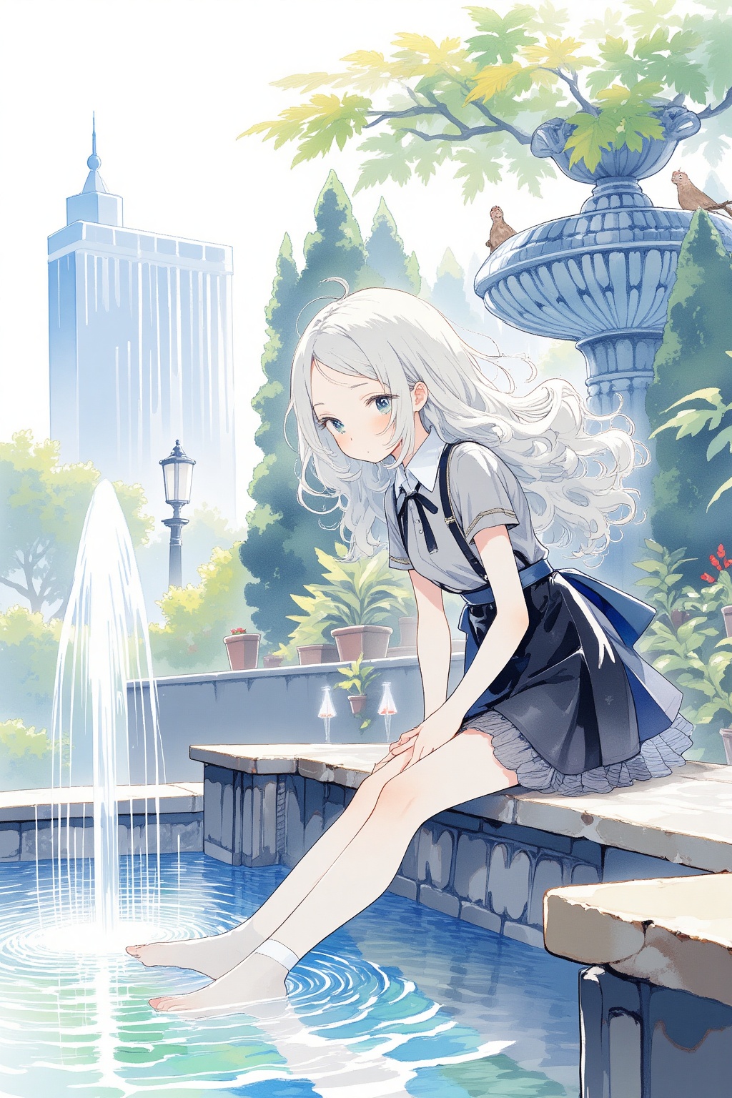 1girl, Sitting crossed leg with hands on knees, at a fountain, watercolor,  masterpiece, best quality, aesthetic, 