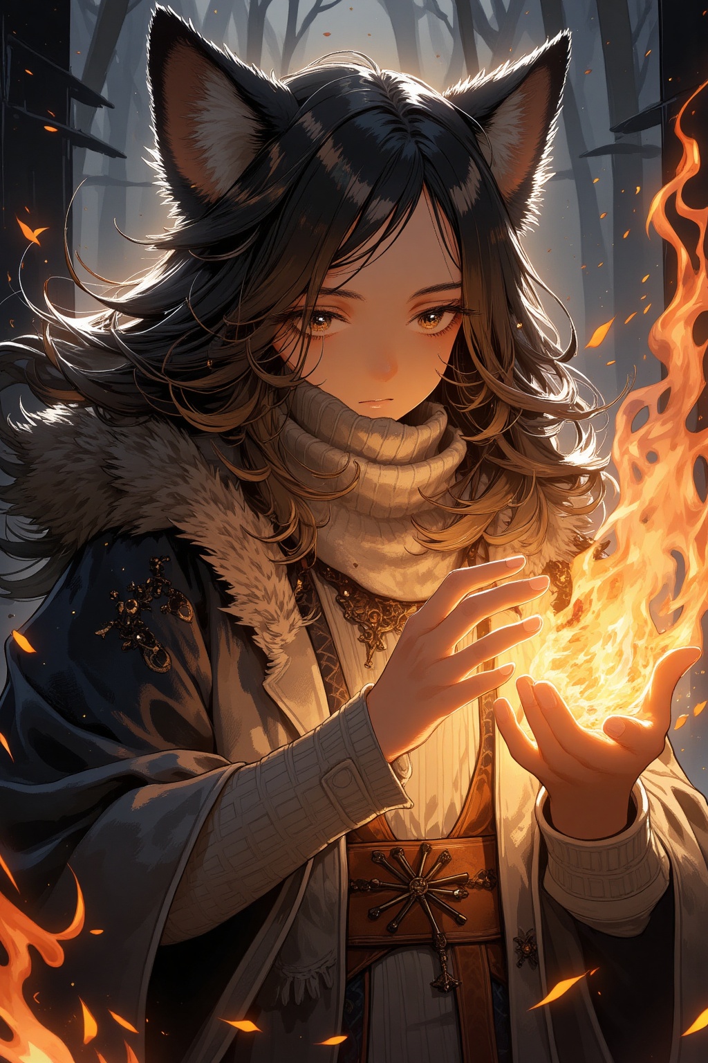 1girl, wolf girl , embracing fire with flickering fingers, manipulating flames, masterpiece, best quality, aesthetic,persian miniature, neue wilde,