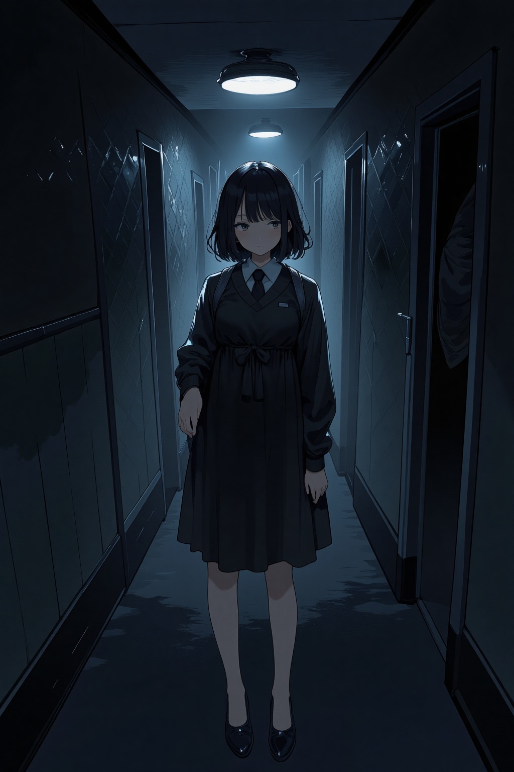 1girl, Creepy, horror,dimly lit hallway,night, masterpiece, best quality, aesthetic