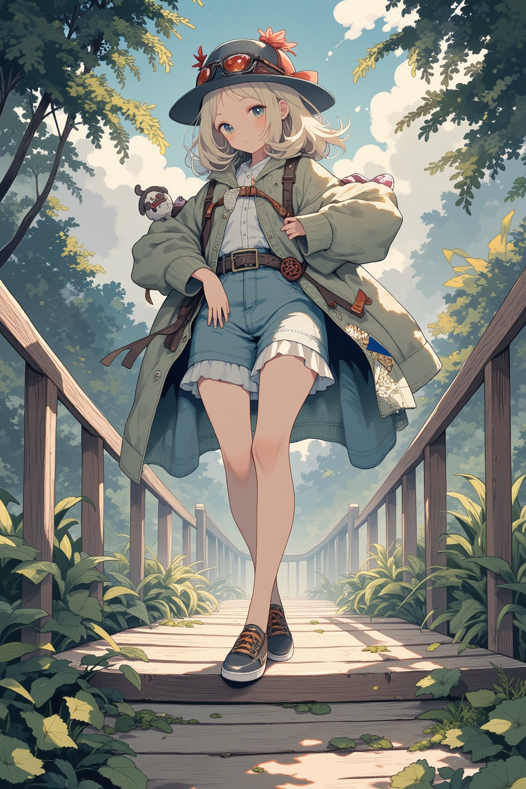 1girl,Standing with one foot on tiptoe, on a wooden bridge,
Vacation Dadcore,New Figuration ,
masterpiece, best quality, aesthetic,