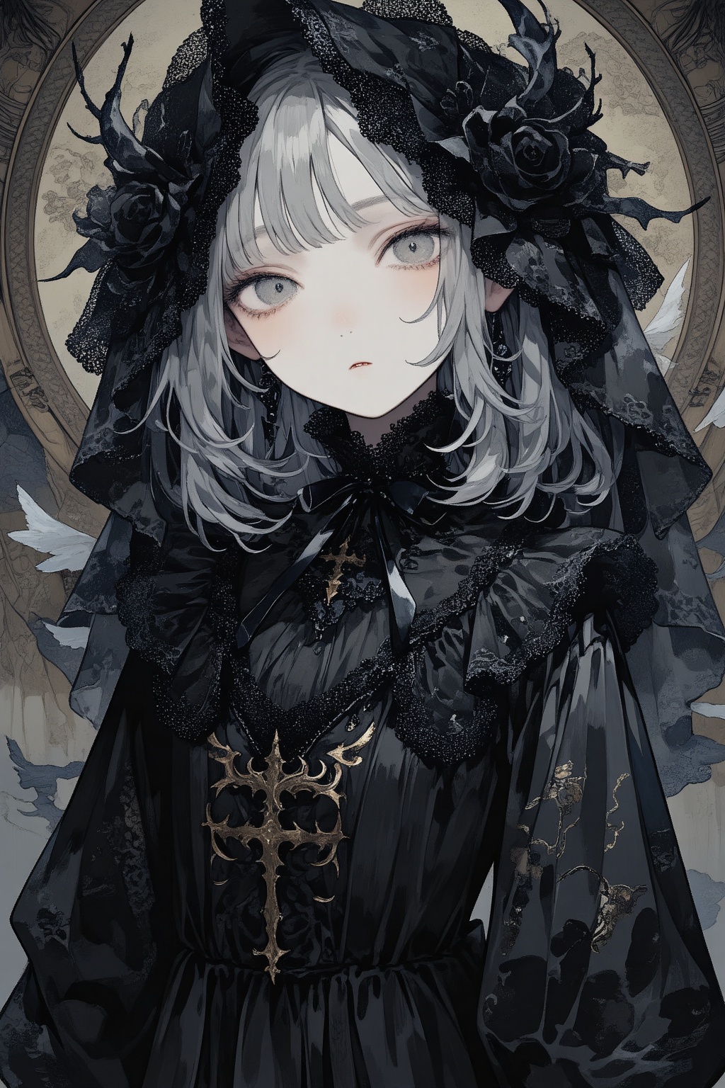 gray hair, black witch clothes, moon earrings, gray eyes, dark circles, sleepy, dream witch, pointy ears, elf, medium hair, veil, masterpiece, best quality,aesthetic, charcoal \(medium\)