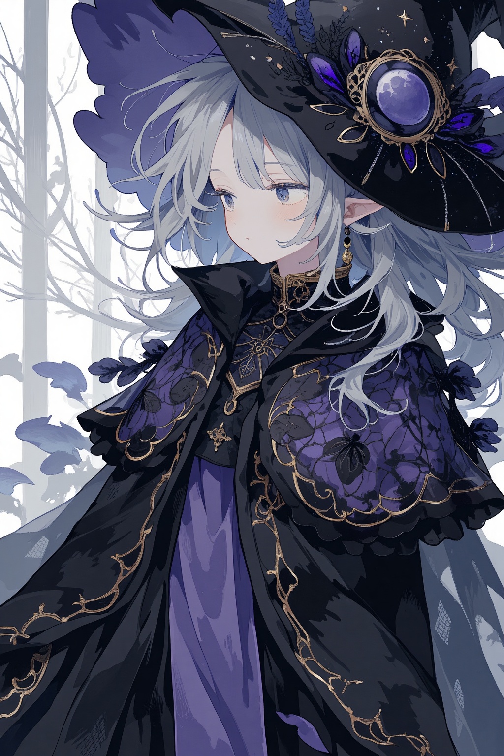 1girl, gray hair, black witch clothes, moon earrings, gray eyes, dark circles, sleepy, dream witch, pointy ears, elf, medium hair, veil, looking away, masterpiece, best quality, aesthetic, 