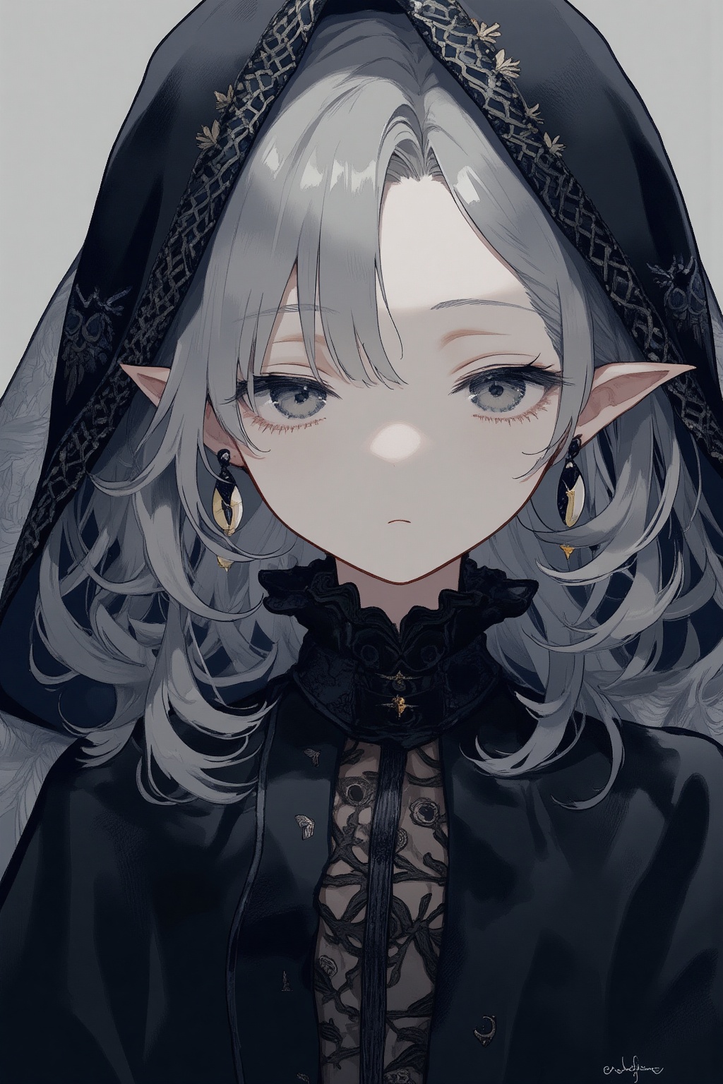 gray hair, black witch clothes, moon earrings, gray eyes, dark circles, sleepy, dream witch, pointy ears, elf, medium hair, veil, masterpiece, best quality,aesthetic,