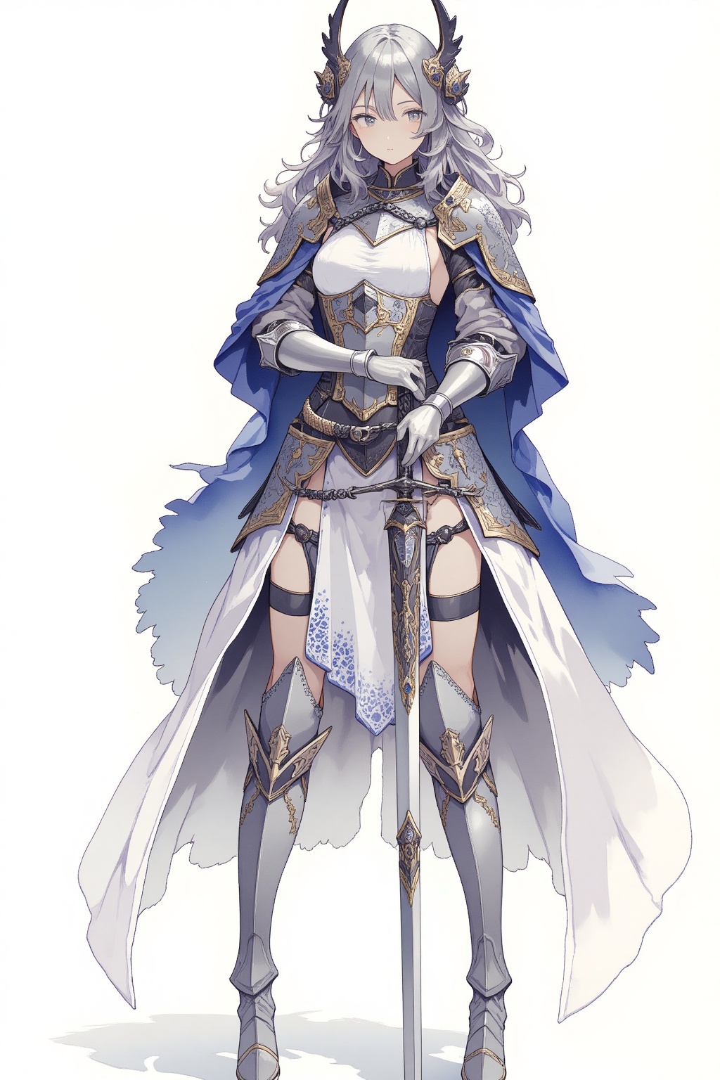 1girl, solo, upper body, knightess, majesty, armored dress, standing, (hands on hilt, planted sword:1.3), masterpiece, best quality, very aesthetic, sketch, watercolor, 