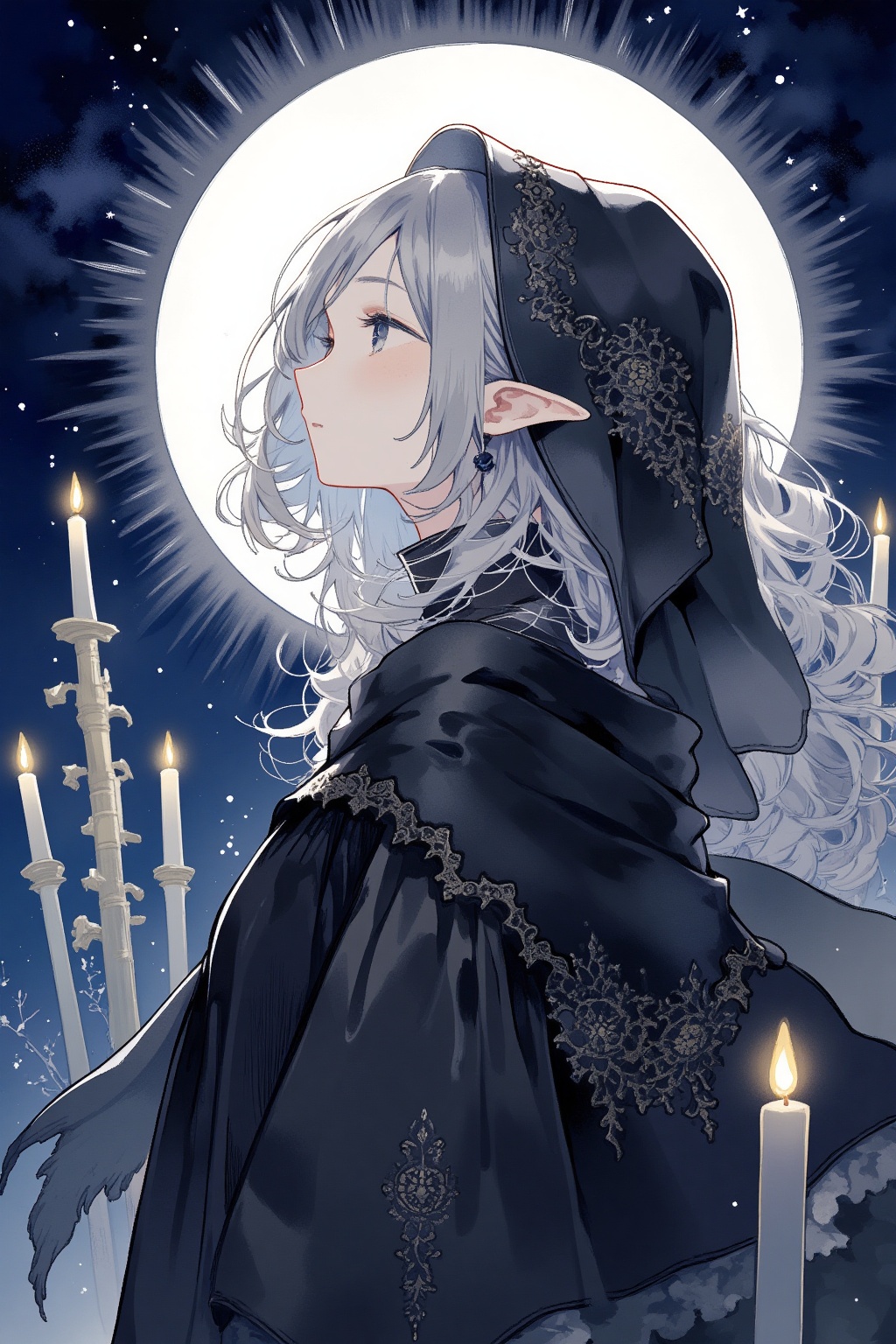 1girl, gray hair,black witch clothes, earrings, pointy ears, elf, veil, moon, night, seraphic Candles, upper body, close-up, looking away, masterpiece, best quality, aesthetic, watercolor,