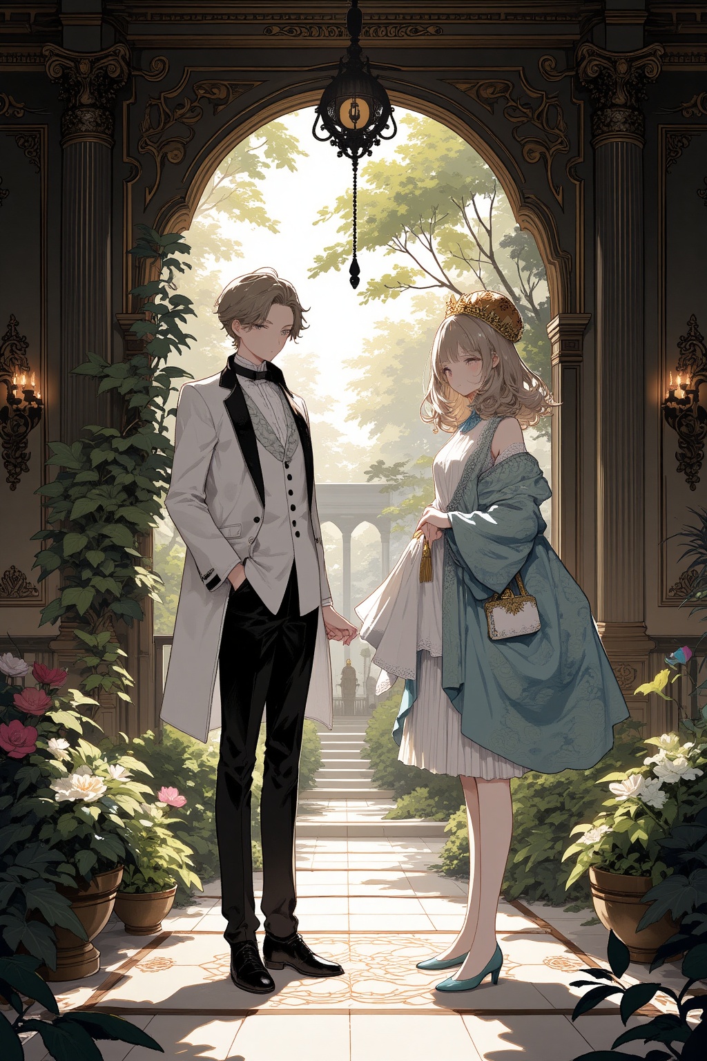 handsome, ikemen, butler and little lady, Entrance, aristocratic home, masterpiece, best quality, aesthetic