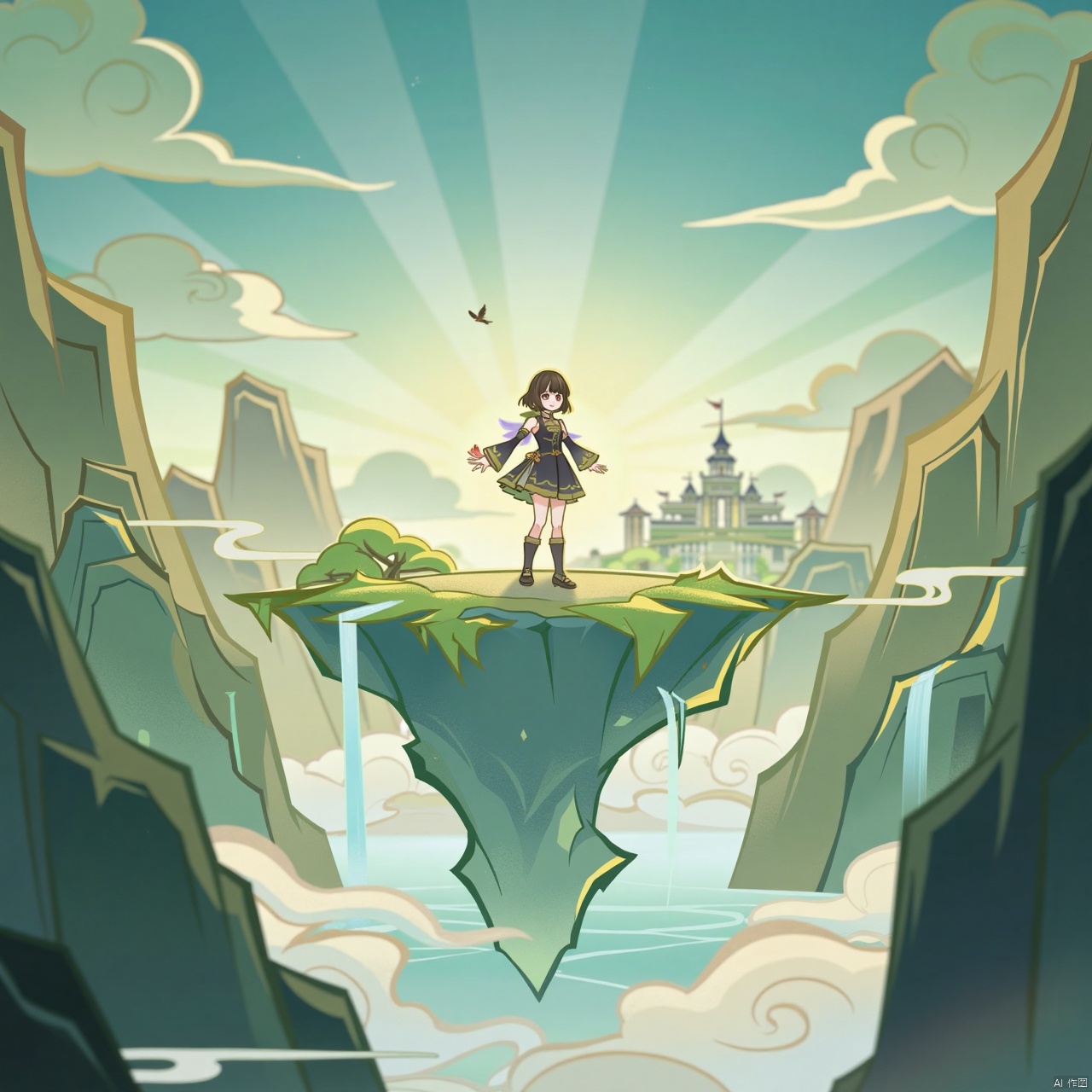A stunning game concept scene featuring a solo girl with blunt bangs and a radiant blush as she gazes directly at the viewer. Her gorgeous features are framed against a richly colored fantasy landscape. She stands on a floating island above cloudy skies, surrounded by scenic views of towering mountains, majestic cliffs, and a distant city. A waterfall cascades down one side of the cliff, while a castle sits atop another. In the sky, a bird soars effortlessly above the clouds. The entire scene is bathed in warm sunlight, with the blue sky peeking through the wispy clouds.