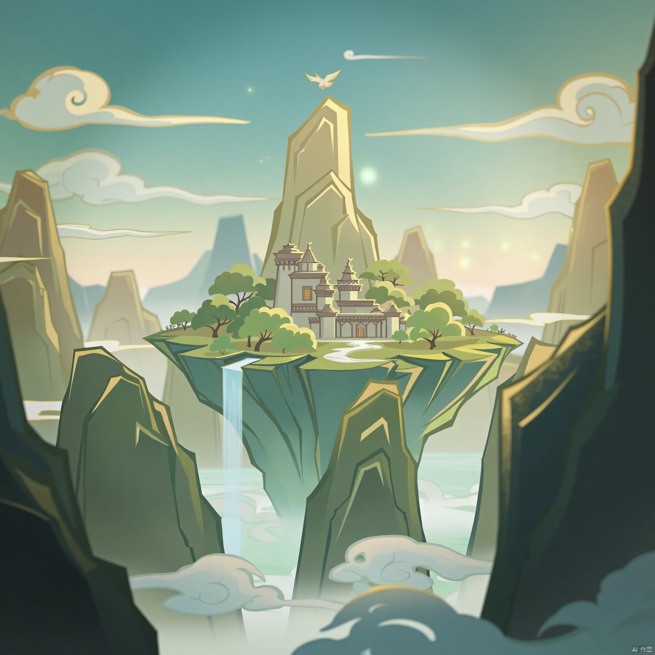 A stunning game concept scene featuring a solo girl with blunt bangs and a radiant blush as she gazes directly at the viewer. Her gorgeous features are framed against a richly colored fantasy landscape. She stands on a floating island above cloudy skies, surrounded by scenic views of towering mountains, majestic cliffs, and a distant city. A waterfall cascades down one side of the cliff, while a castle sits atop another. In the sky, a bird soars effortlessly above the clouds. The entire scene is bathed in warm sunlight, with the blue sky peeking through the wispy clouds.