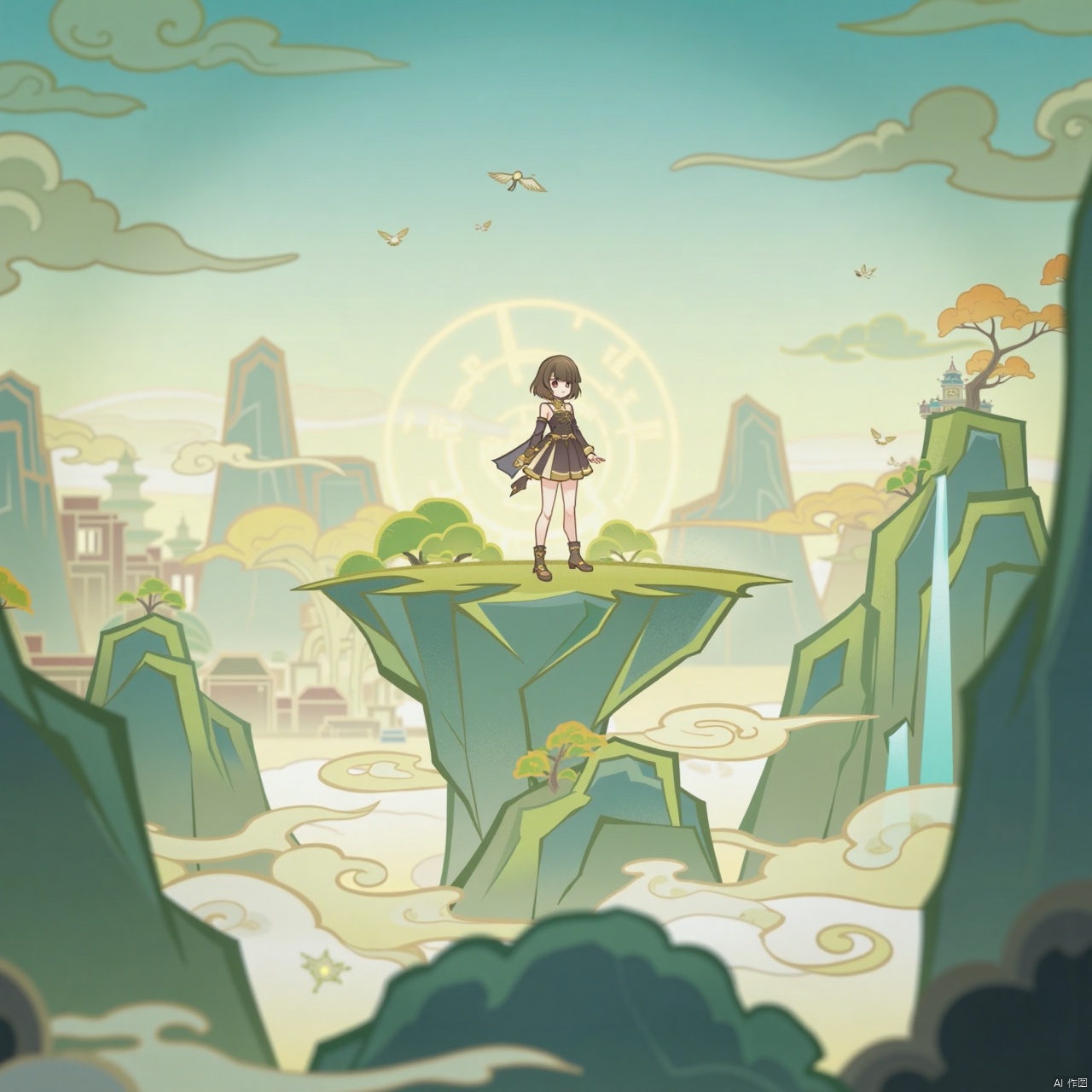 A stunning game concept scene featuring a solo girl with blunt bangs and a radiant blush as she gazes directly at the viewer. Her gorgeous features are framed against a richly colored fantasy landscape. She stands on a floating island above cloudy skies, surrounded by scenic views of towering mountains, majestic cliffs, and a distant city. A waterfall cascades down one side of the cliff, while a castle sits atop another. In the sky, a bird soars effortlessly above the clouds. The entire scene is bathed in warm sunlight, with the blue sky peeking through the wispy clouds.