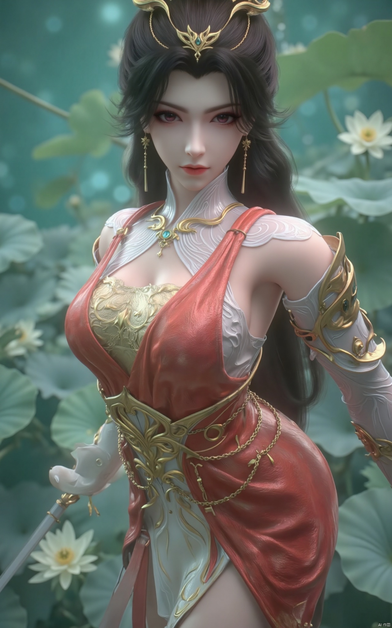 masterpiece,(best quality),official art, (1girl), (solo), ((looking_at_viewer)),(huge breasts:2.39),(full breasts:1.99),Xzhaoliner,(Lotus pond, lotus:1.52),Xruoshui,Xlongnv,Xbaiyijun,XyunluoH,XyunluoX,Xyiwenjun,Xsonghanfu