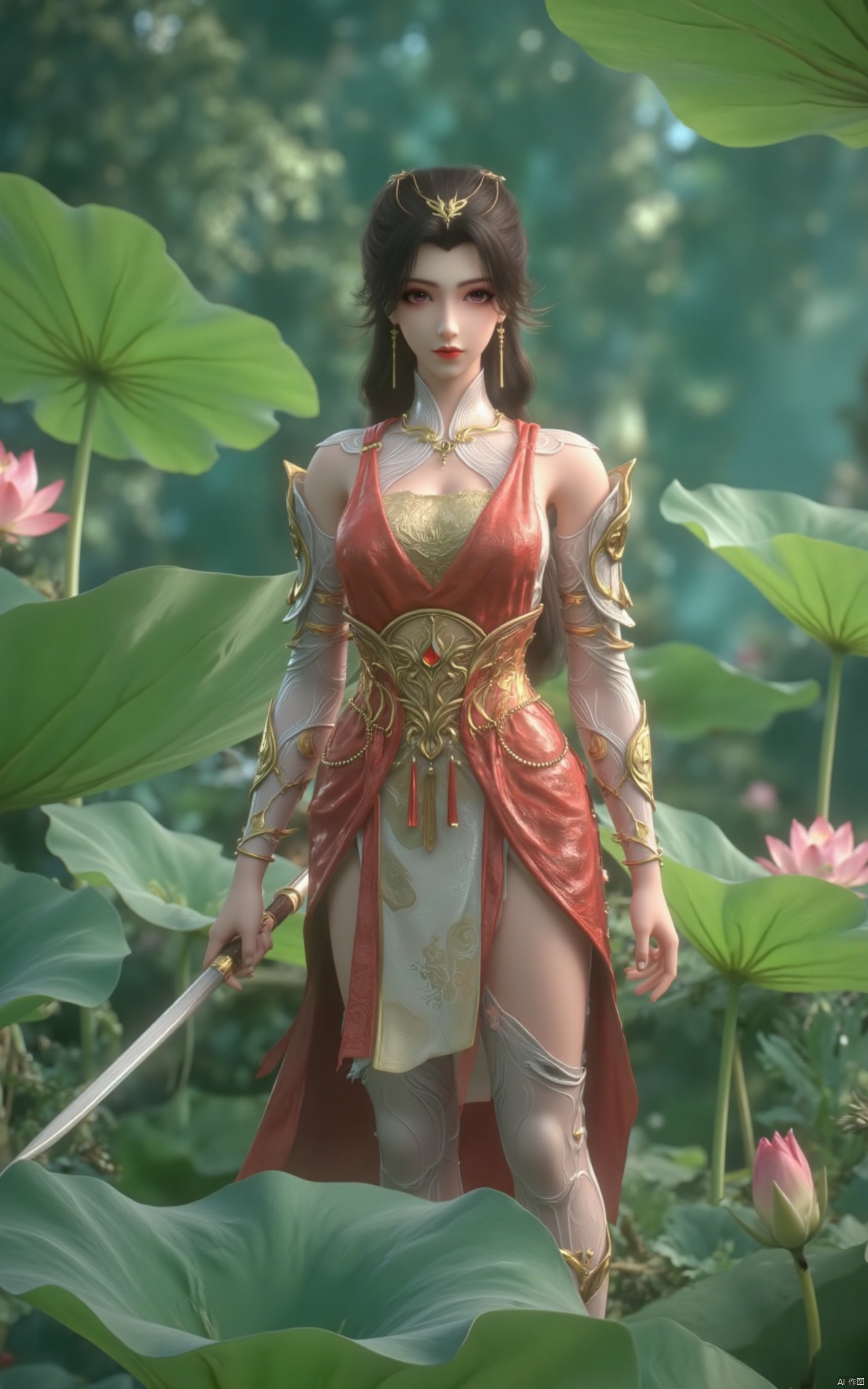 masterpiece,(best quality),official art, (1girl), (solo), ((looking_at_viewer)),(huge breasts:2.39),(full breasts:1.99),Xzhaoliner,(Lotus pond, lotus:1.52),Xruoshui,Xlongnv,Xbaiyijun,XyunluoH,XyunluoX,Xyiwenjun,Xsonghanfu