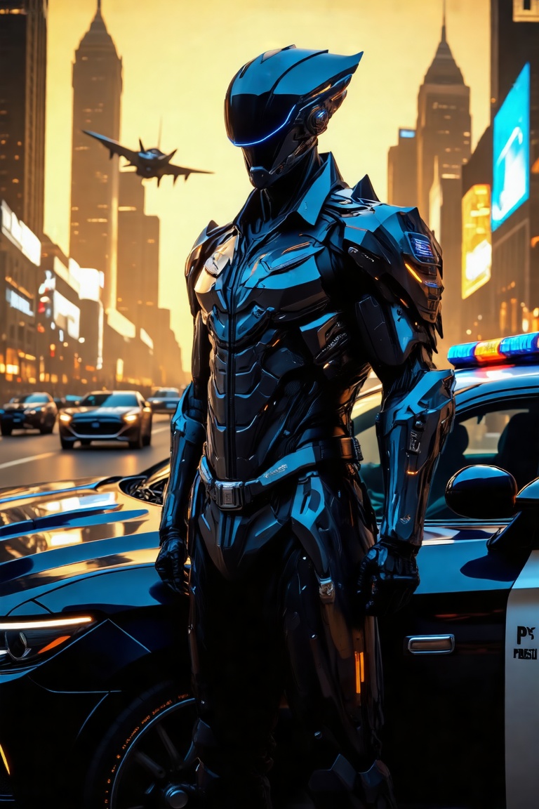 A futuristic cyborg stands alongside a sleek,  high-tech police car,  clad in an elegant and sophisticated Police (PoLiSi)...