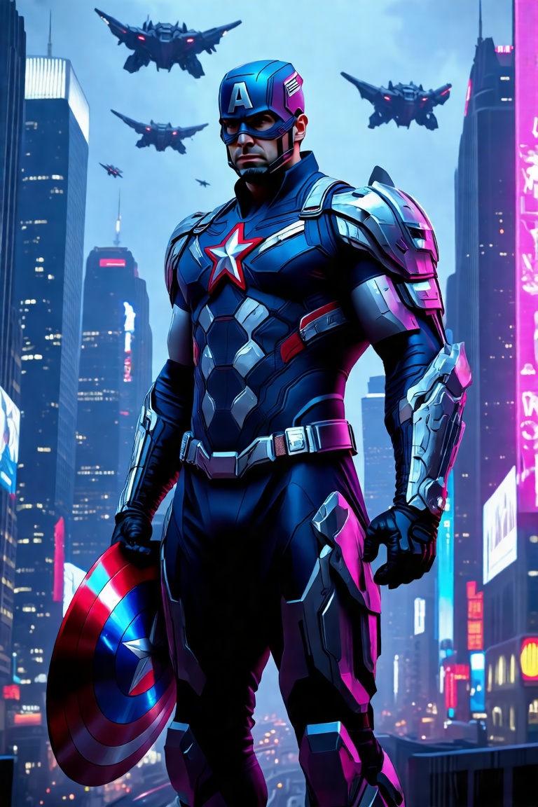 A futuristic cityscape looms in the background as Captain America dons a sleek cyborg suit,  its metallic plating reflecti...