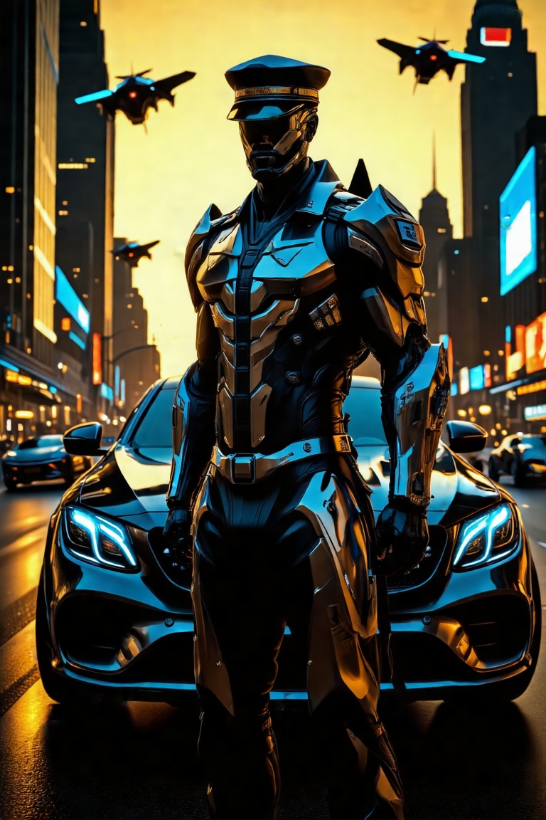 A futuristic cyborg stands alongside a sleek,  high-tech police car,  clad in an elegant and sophisticated Police (PoLiSi)...