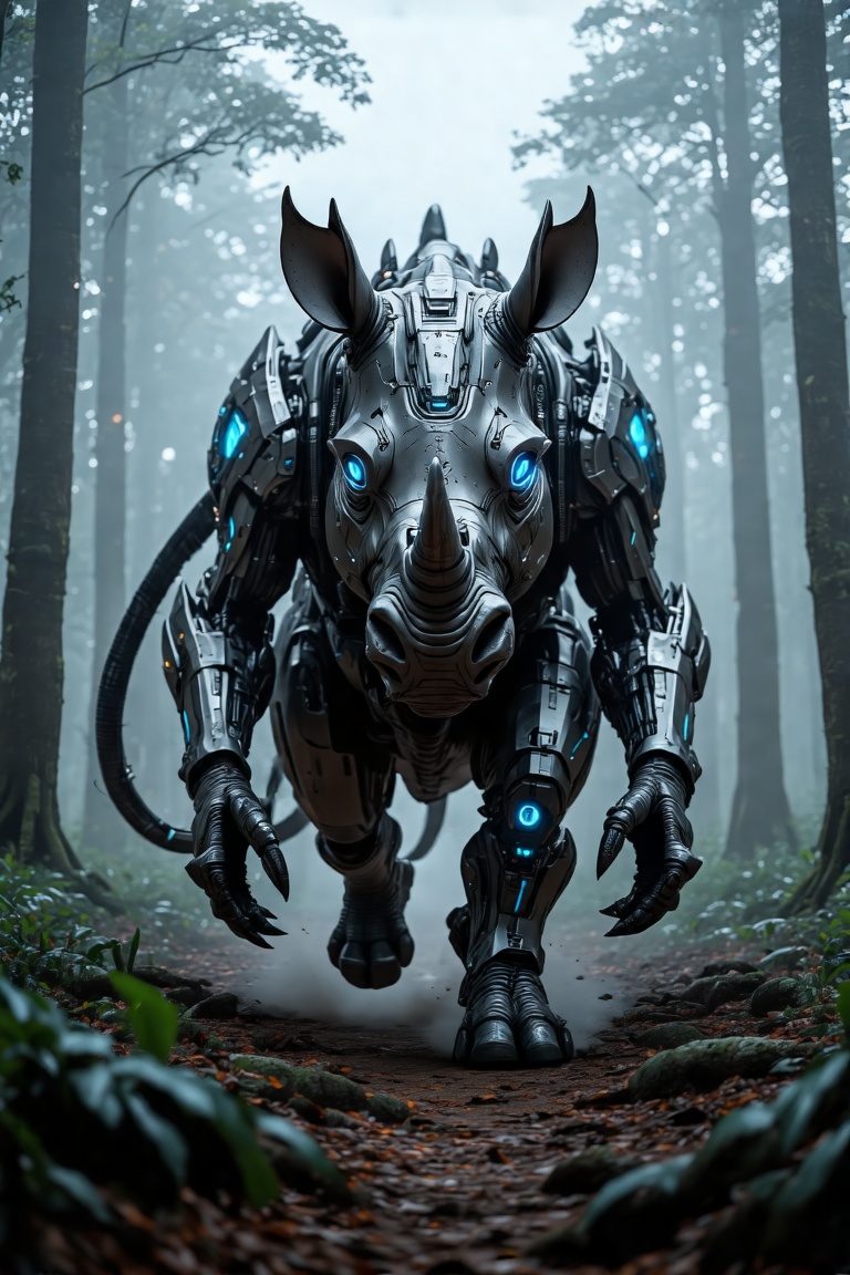 A futuristic rhino cyborg emerges from a misty forest clearing,  its metallic body glistening in the soft morning light. T...