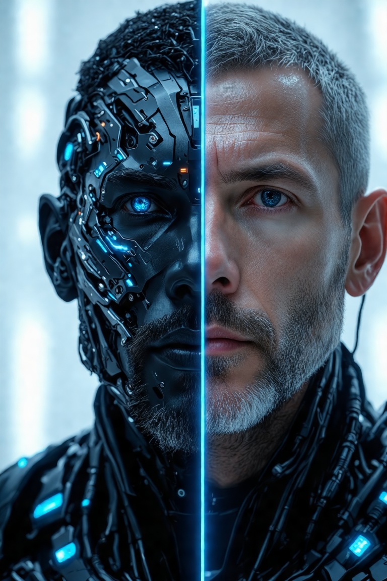 Close-up shot of a cyborg man's face,  with a striking fusion of human and robotic features. The left half of his face is...