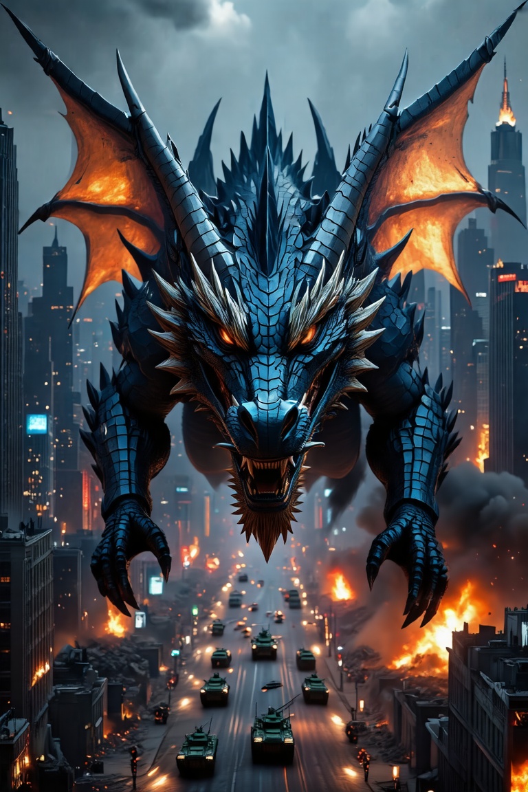 A close-up shot of the colossal cyborg dragon's face: gleaming metallic scales reflect dim city lights amidst a ravaged fu...