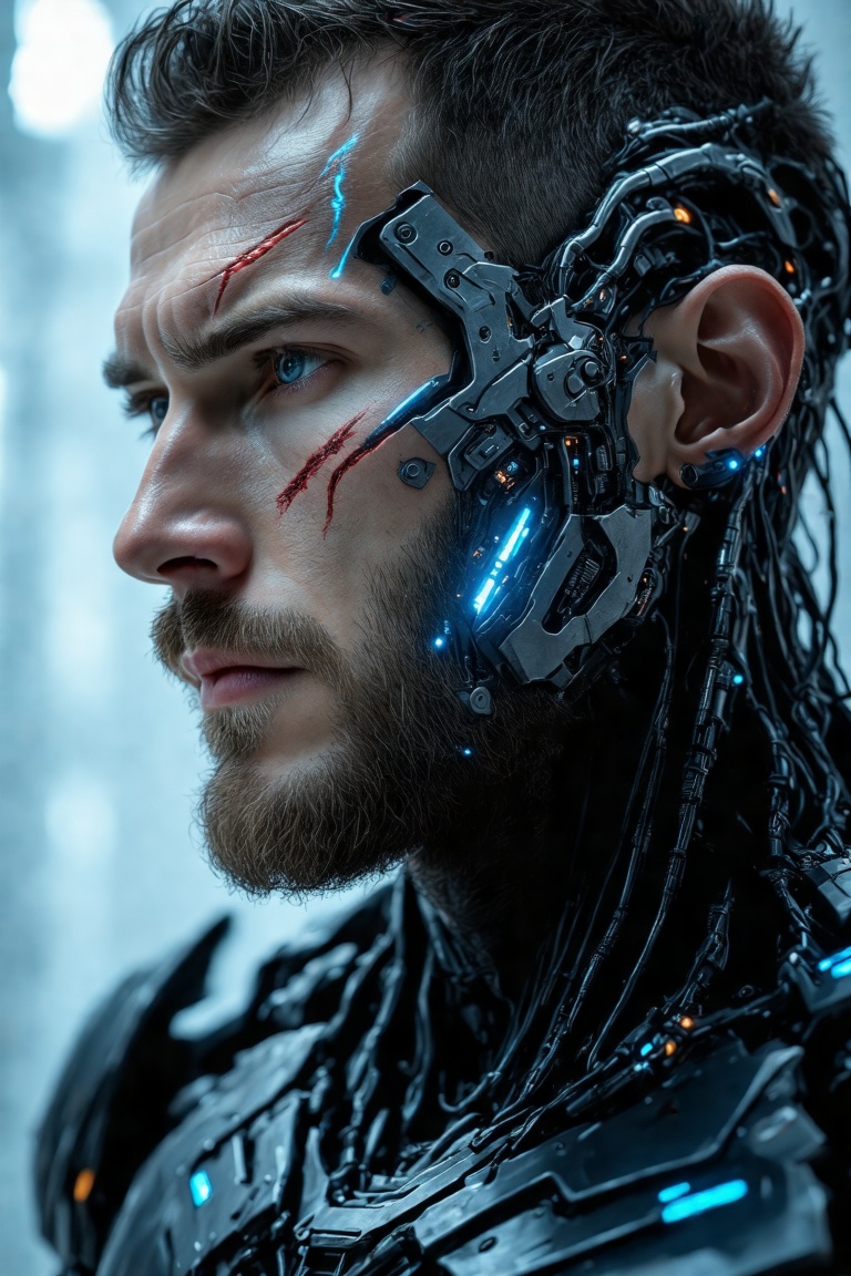 Close-up shot of a cyborg man's face,  where the left side appears fully human with soft features and subtle facial expres...