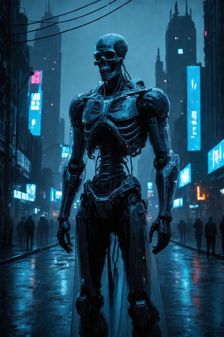 A futuristic cityscape at dusk,  with neon lights reflecting off wet pavement. In the foreground,  a skeleton cyborg stand...