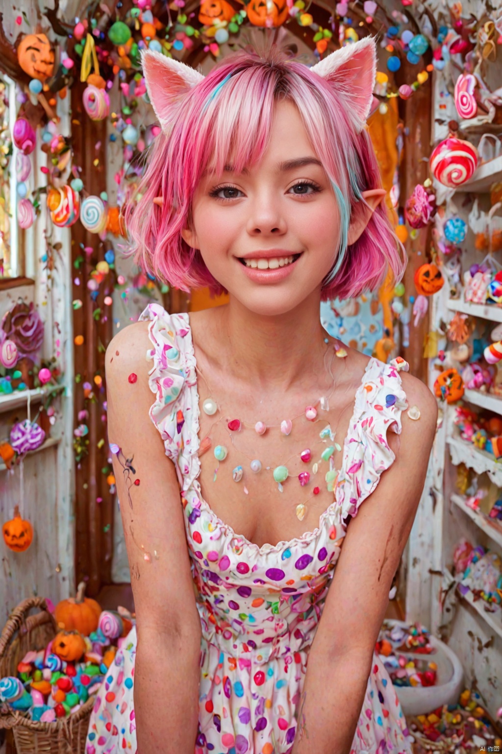 In front of the Halloween candy house, an Asian female elf is playfully blowing bubbles. She is wearing a pink fairy dress, decorated with colorful candies and bows. Her short hair is dyed bright blue, with cat ears hanging from her ears. The tattoo is a string of candy bars winding around her arms and legs. She is holding bubbles in both hands, with a childlike smile on her face, the picture captured from a front view, with a background of a candy house filled with a sweet atmosphere.,score_9 score_8_up score_7_up,