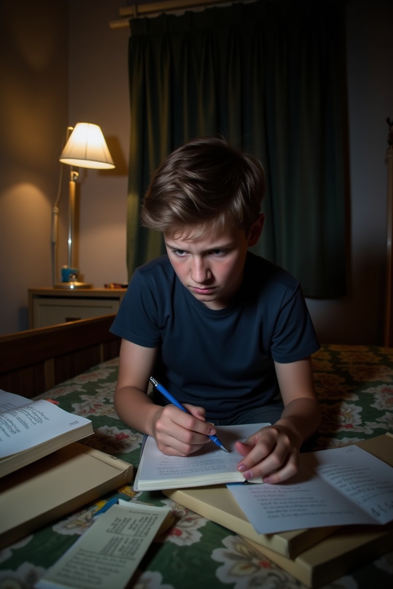 A close-up shot of a boy sitting on his bed,  surrounded by textbooks,  papers on Tensor.Art