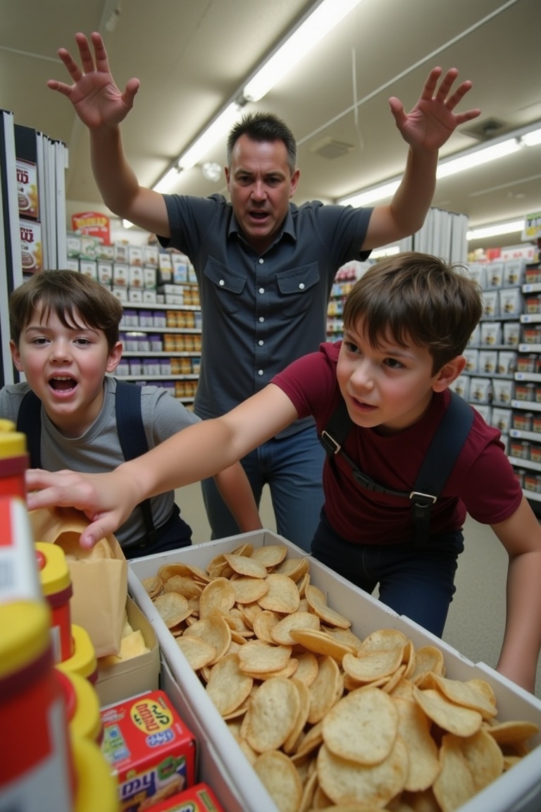 A close-up shot of two mischievous schoolboys attempting to steal a display of snack foods from a busy grocery store. The...
