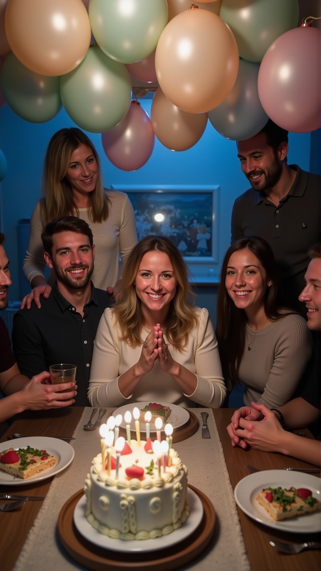 A warm and inviting scene unfolds as mother,  beaming with joy,  sits at the center of a beautifully set table. Surrounded...