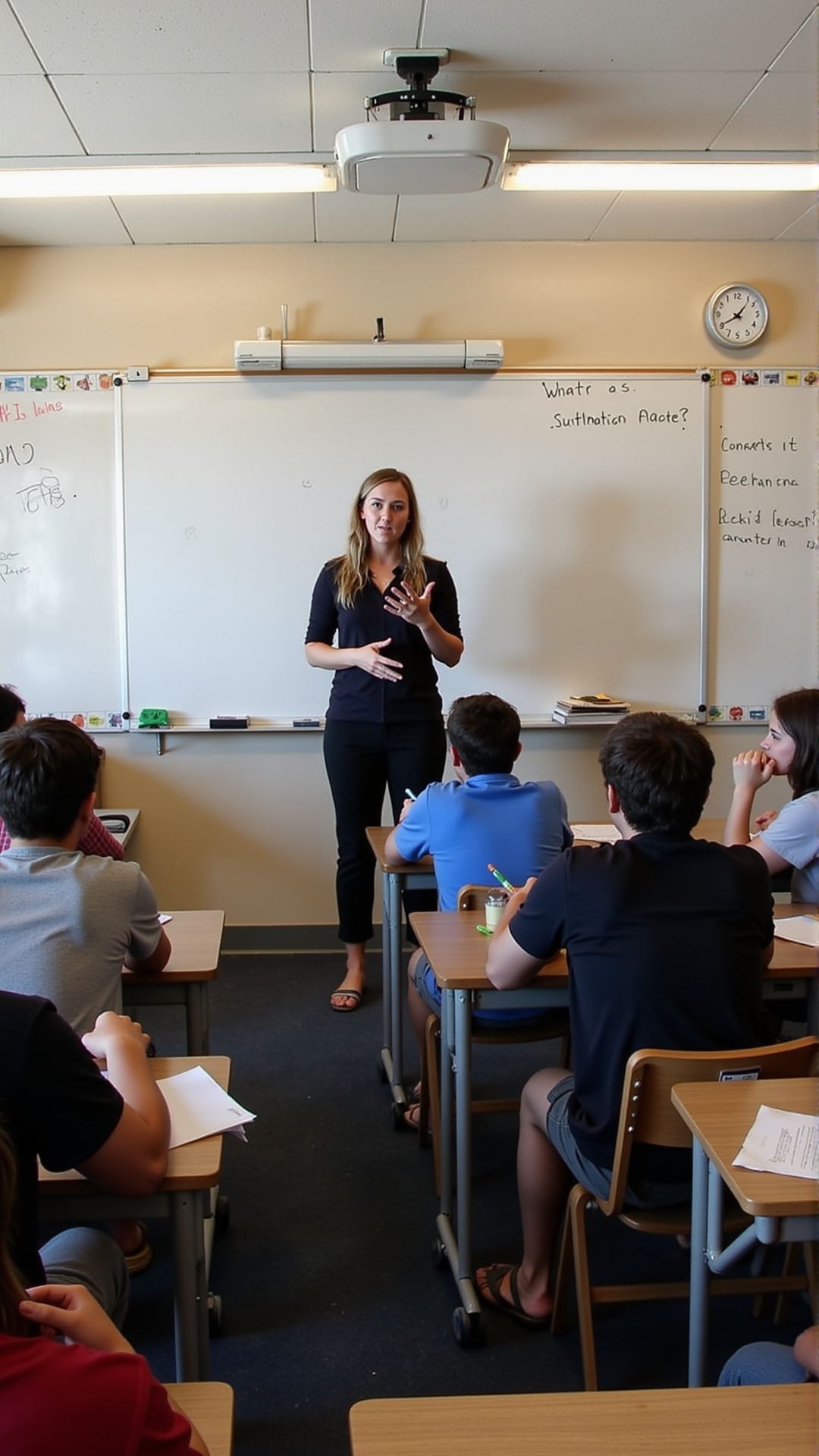 A teacher stands confidently at the front of a well-lit classroom,  addressing a seated audience of students with a whiteb...