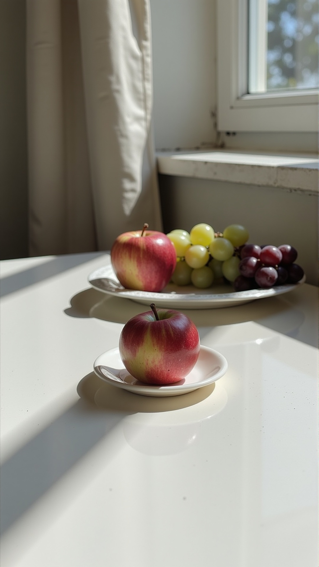 Soft focus of an apple and grapes on the plat at white table near a window,  hard shadow,  blurry background on Tensor.Art