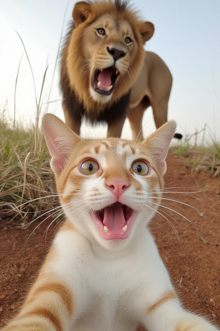 A humorous,  hyperrealistic close-up "selfie" taken from a very low perspective,  featuring a cat in the foreground and a...