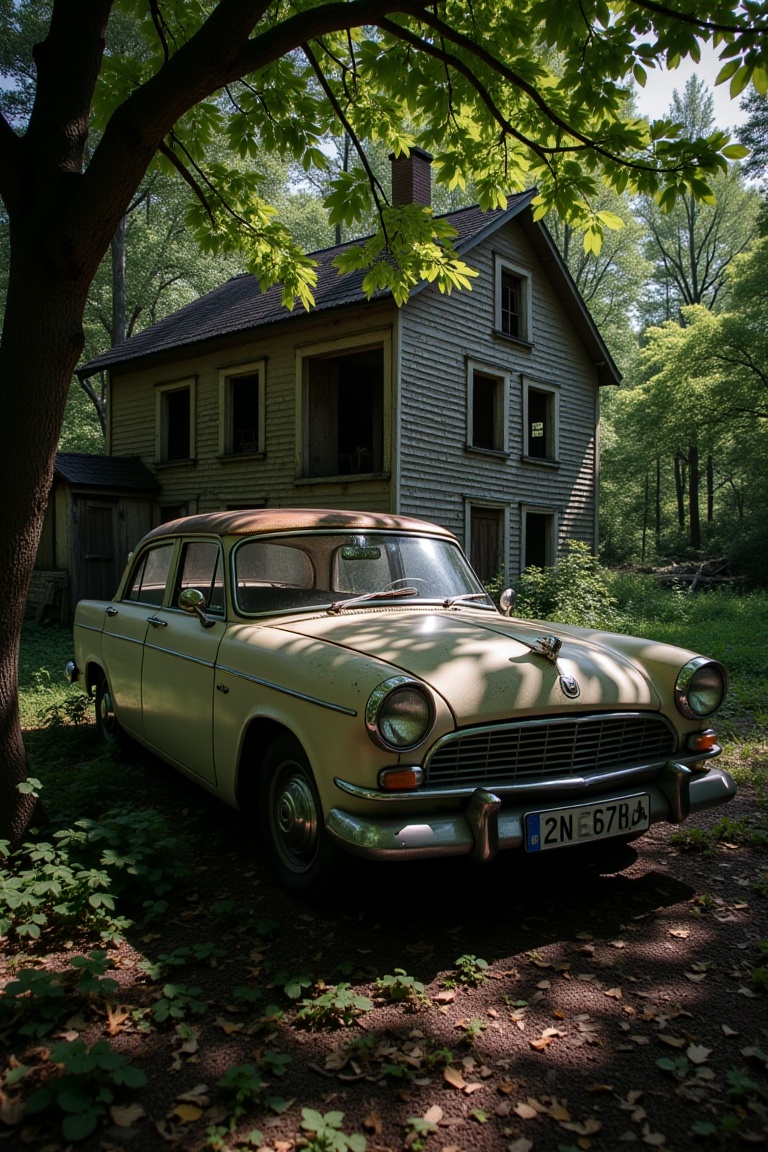 From low angle Side view of a Weathered Vintage car park in the bushhes under the shady tree near a abandoned house ruins,...