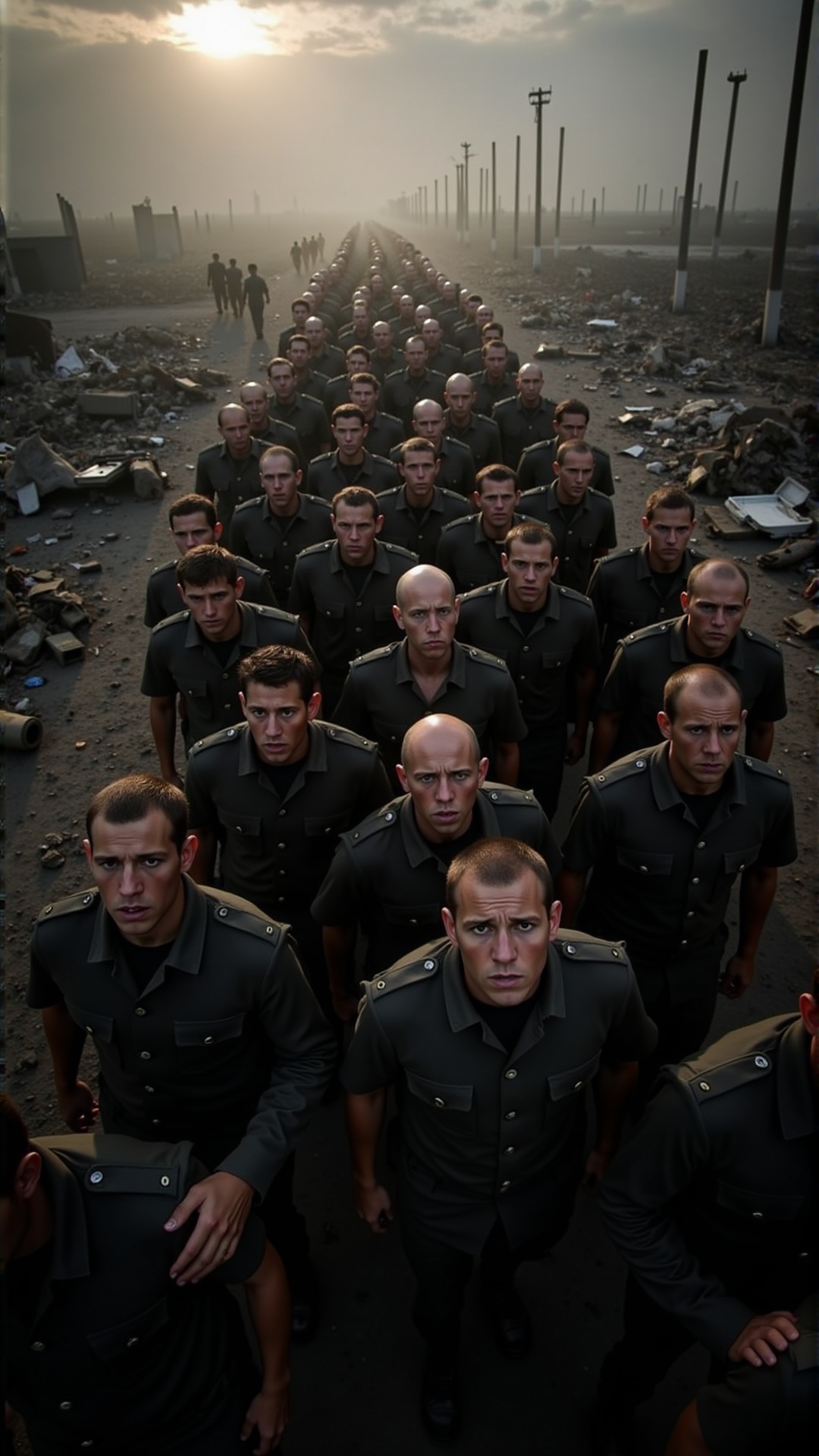 A weary army marches through a devastated battlefield,  hundreds of exhausted faces lined up in uniform,  their eyes sunke...