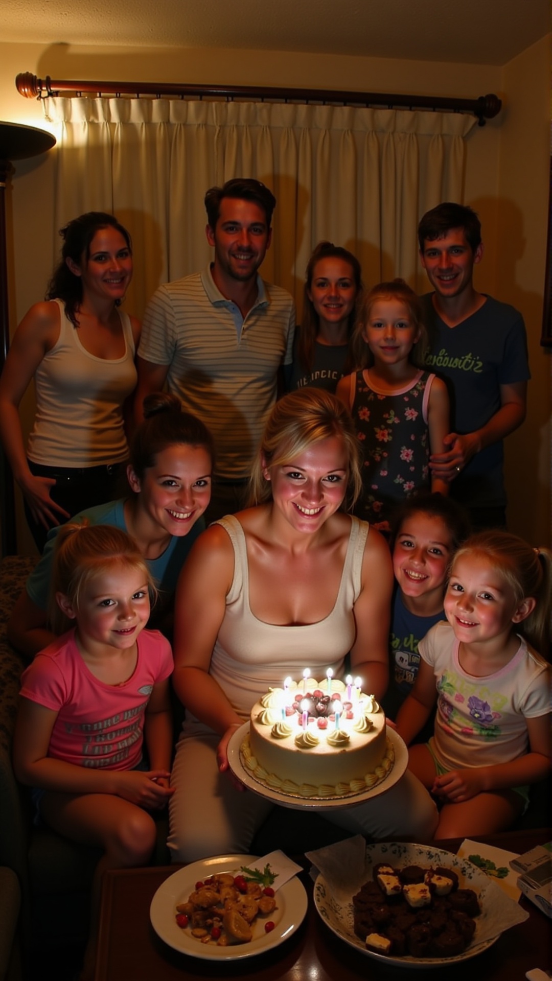 A warm and cozy living room setting,  filled with laughter and love as Mother blows out candles on a beautifully decorated...