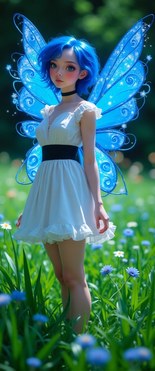 A Luminogram of an A whimsical woman stands tall in a lush meadow of emerald glowing green grass,  her white dress with bl...