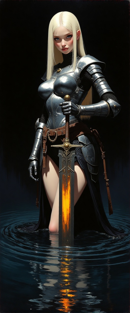 Within a carbon black ambiance,  a solitary female figure clad in rose-platinum armor stands partially submerged in a mirr...
