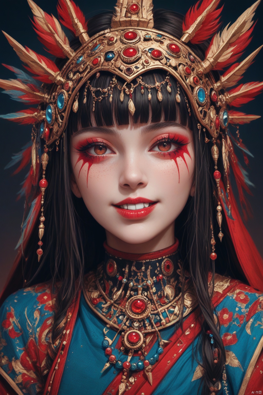 OBbllai,OBwans,Halloween makeup,
This is a highly detailed, high-resolution photograph of a young woman with a striking, anime-inspired makeup look. She has fair skin with a light dusting of freckles, particularly prominent on her cheeks. Her eyes are large and almond-shaped, accentuated with thick, dark eyeliner and voluminous false lashes. The irises are a vivid, striking red, adding a dramatic contrast to her eye makeup. Red streaks are painted across her face, particularly on her cheek and forehead, adding a bold, almost tribal aesthetic.Her lips are full and painted a deep, matte red, matching the red in her eyes. She has sharp, pointed teeth, which are slightly visible, giving her a slightly fanged appearance. Her hair is long and straight, black with a slight glossy sheen, and styled with blunt bangs that frame her face. She wears a colorful, ornate headpiece that has a mix of yellow, red, and gold patterns, adding to the eclectic and fantasy-like nature of her attire.Her outfit is a rich, dark blue garment with intricate gold embroidery and lace details, suggesting a traditional or historical theme. The overall image is vibrant and bold, capturing a mix of anime and fantasy aesthetics.,score_9 score_8_up score_7_up,