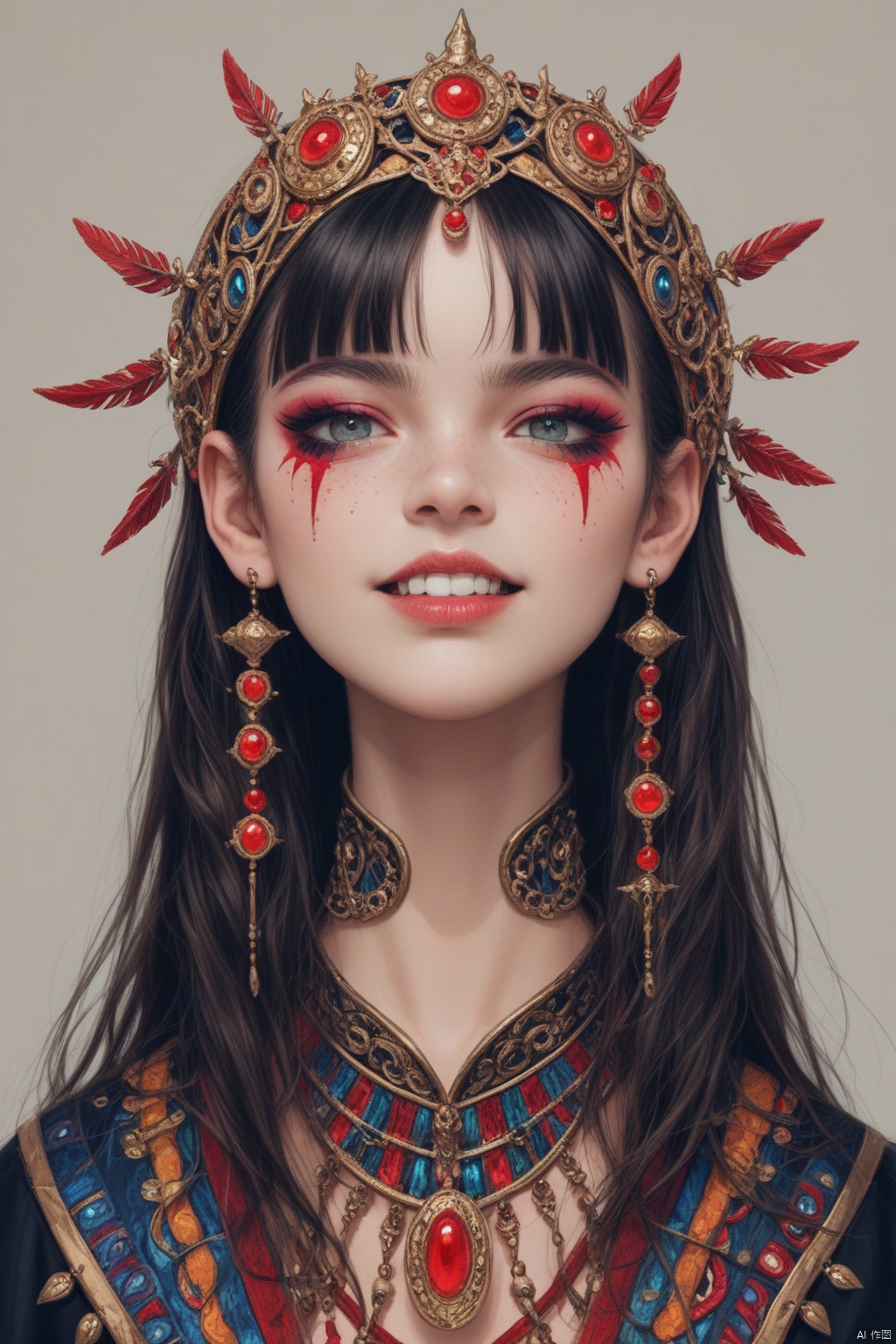 OBbllai,OBwans,Halloween makeup,
This is a highly detailed, high-resolution photograph of a young woman with a striking, anime-inspired makeup look. She has fair skin with a light dusting of freckles, particularly prominent on her cheeks. Her eyes are large and almond-shaped, accentuated with thick, dark eyeliner and voluminous false lashes. The irises are a vivid, striking red, adding a dramatic contrast to her eye makeup. Red streaks are painted across her face, particularly on her cheek and forehead, adding a bold, almost tribal aesthetic.Her lips are full and painted a deep, matte red, matching the red in her eyes. She has sharp, pointed teeth, which are slightly visible, giving her a slightly fanged appearance. Her hair is long and straight, black with a slight glossy sheen, and styled with blunt bangs that frame her face. She wears a colorful, ornate headpiece that has a mix of yellow, red, and gold patterns, adding to the eclectic and fantasy-like nature of her attire.Her outfit is a rich, dark blue garment with intricate gold embroidery and lace details, suggesting a traditional or historical theme. The overall image is vibrant and bold, capturing a mix of anime and fantasy aesthetics.,score_9 score_8_up score_7_up,