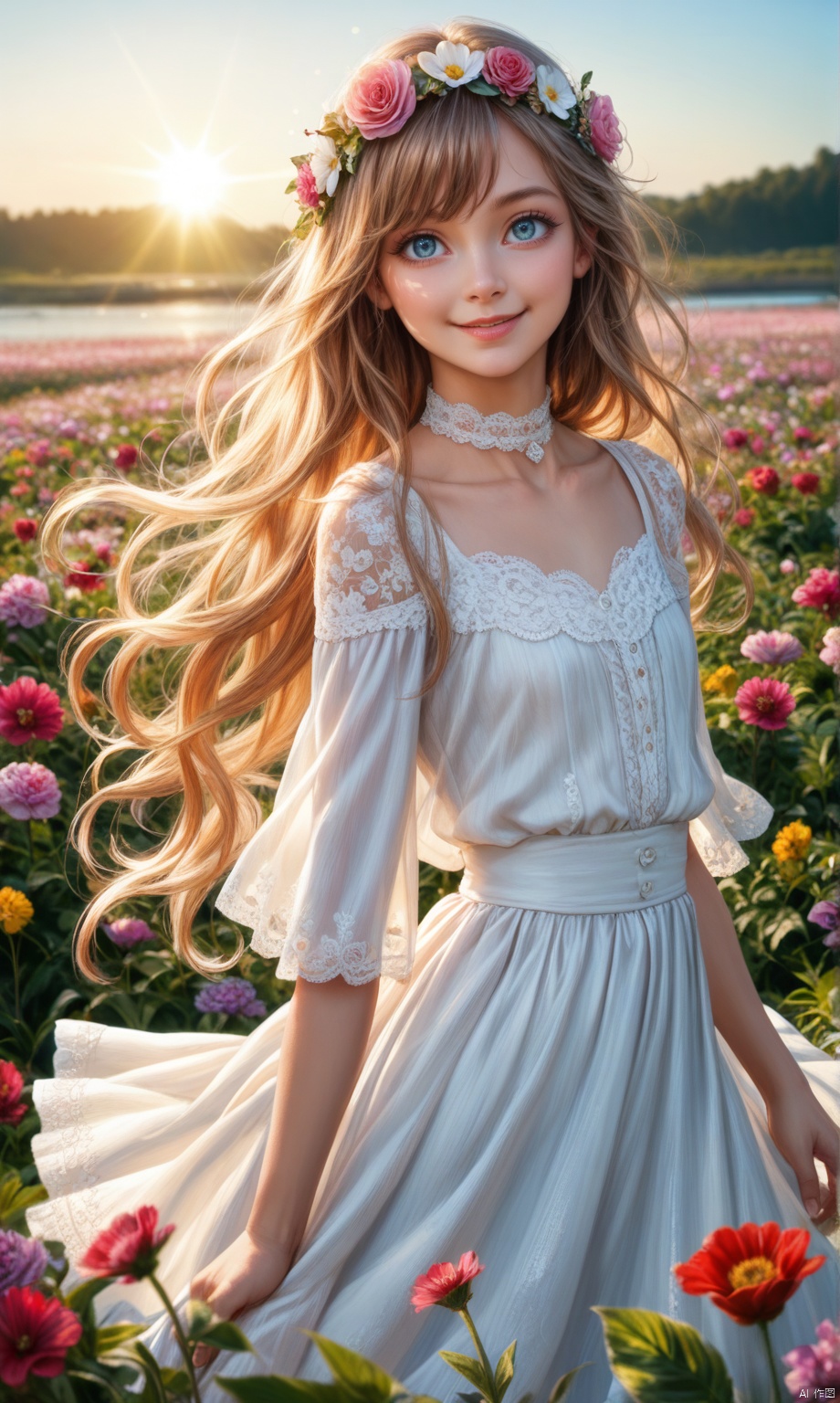  HDR, UHD, 8K, Highly detailed, best quality, masterpiece, 1girl, realistic, Highly detailed, (EOS R8, 50mm, F1.2, 8K, RAW photo:1.2), ultra realistic 8k cg,1 girl, solo focus,peafect body,Long hair,Messy hair,Bangs,hair between eyes,Sidelocks,Hair over shoulder,very long hair,shiny hair,floating hair,Bright eyes,big eyes,detailed eyes,beautiful eyes,hair ornament,hair flower,choker,frilled dress with lace,long dress,pleated dress,[loli],,outdoors,water,flower, in the ((sea of flowers)), flower field,meadow,beautiful detailed sky,feather,nature,(sunlight), skirt up,,moist skin, shiny skin, glossy skin, (best illumination, best shadow, extremely delicate and beautiful), perfect lighting, original, highres, dynamic angle, floating,depth of field, caustics,lens flare,warm lighting,(official art,beautiful and aesthetic:1.2),beautiful face, ultra detailed eyes, looking_at_viewer,kind smile,pose for picture,huolinger,jingling,score_9 score_8_up score_7_up,score_9 score_8_up score_7_up,